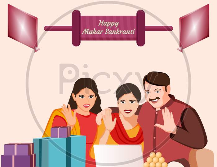 A Family Celebrating Makar Sankranti With Their Relatives Or Friends On Video Call, Happy Makar Sankranti Vector Illustration.
