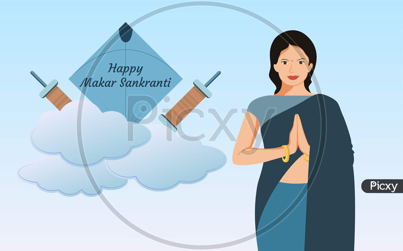Girl In Namaste Pose On Blue Background With Clouds, Charkhi And Kite, Happy Makar Sankranti Vector Illustration.