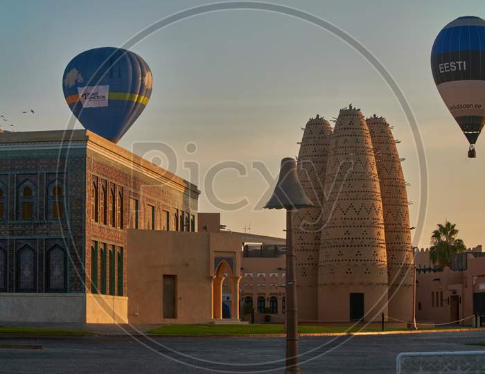 Hot air balloons in Katara Cultural village in Doha, Qatar daylight view