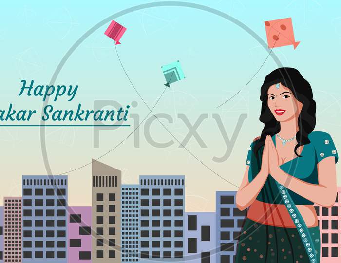 Beautiful Girl On Cityscape Background With Flying Kites, Makar Sankranti Vector Illustration,