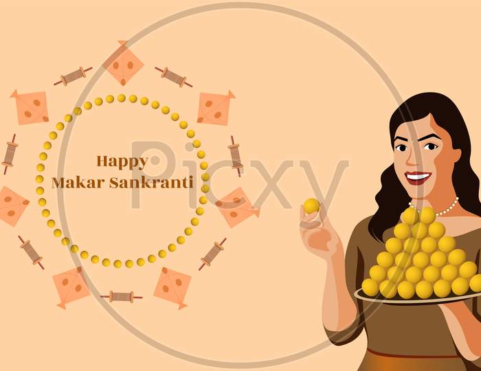 Indian Girl With Thali Of Laddoo Sweet On Flat Color Background, Circular Pattern Created With Objects Like Kites Laddoo And Charkhi With The Text Happy Makar Sankranti.