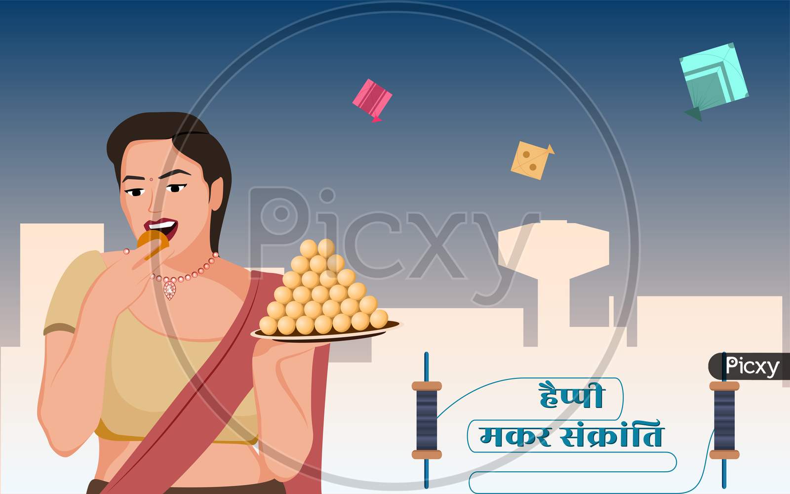 Beautiful Women Eating Laddoo, Happy Makar Sankranti Vector Illustration,
Text Translation - Happy Makar Sankranti