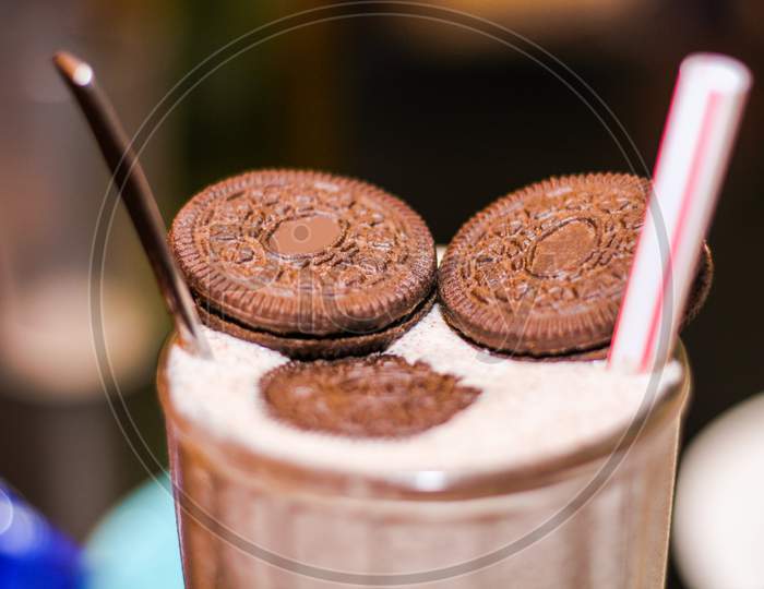 Cold Coffee With Chocolate Cookies Toppings. Close View