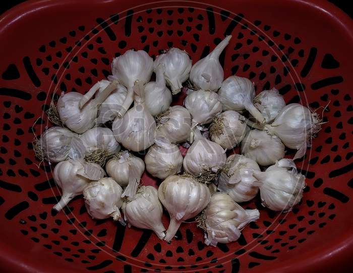 Garlics in red basket tray
