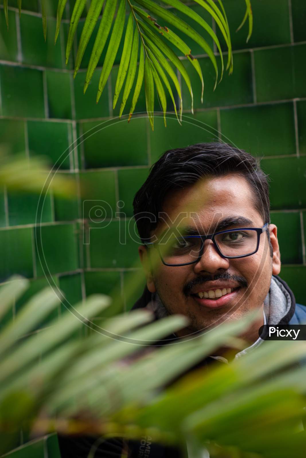 image-of-close-up-portrait-of-a-man-s-face-with-leaves-in-foreground