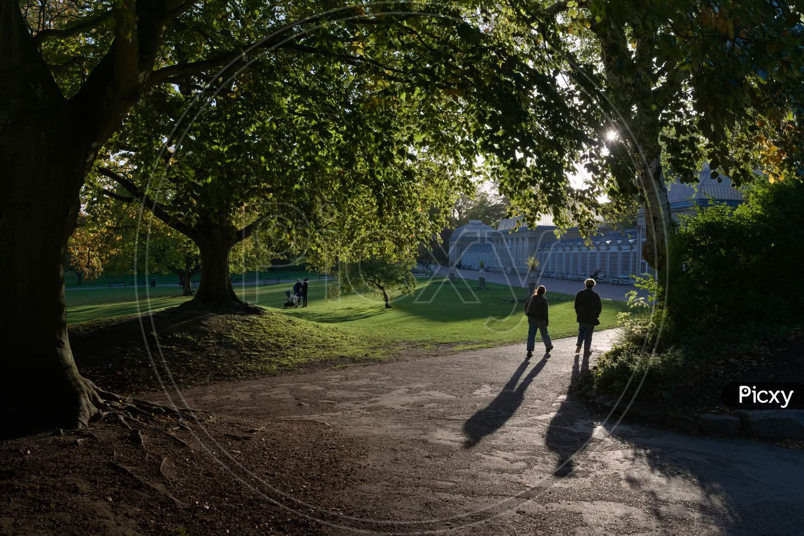 A Silhouetted Couple Walk Towards Iconic Greenhouses Of Sheffield
