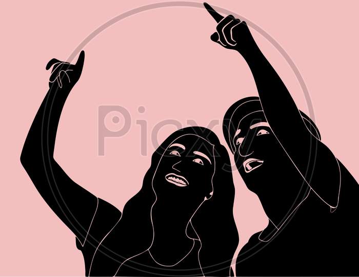 Vector Character Silhouette Illustration Of Beautiful Couple Pointing At Something, Happy Couple Silhouette Vector Illustration.
