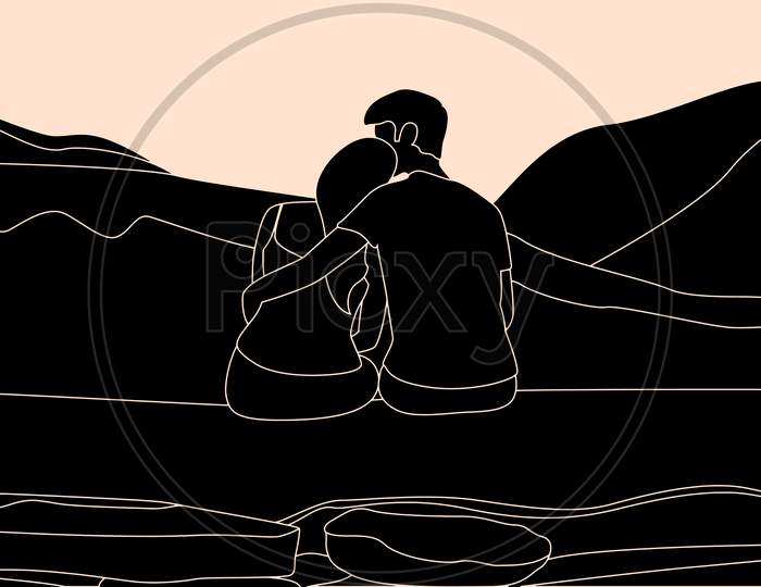 A Couple Sitting On Mountain Top Drawn From Backside, Romantic Couple Character Silhouette Vector Illustration.