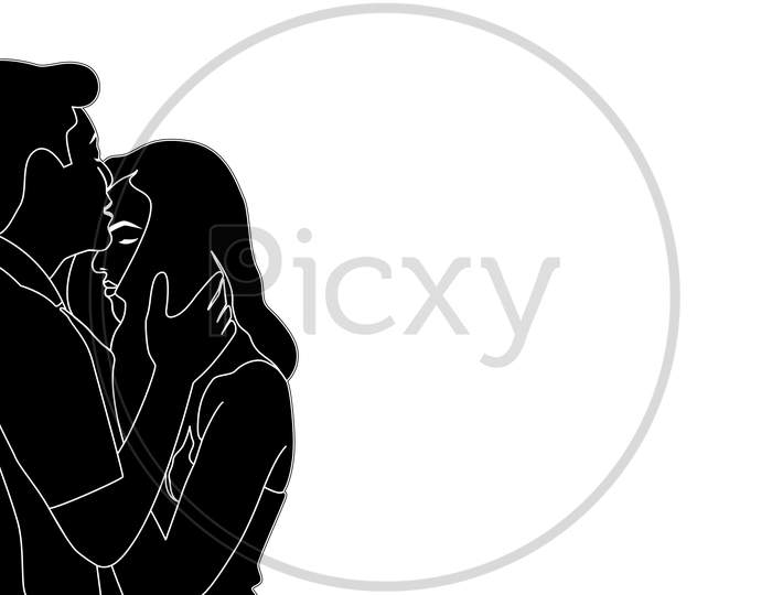 Boy Kissing On Girls Forehead, Beautiful Teen Couple Character Silhouette Vector Illustration.