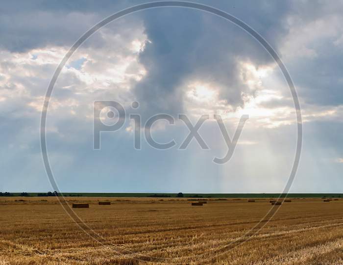 Beautiful High Resolution Panorama Of A Northern European Country Landscape With Fields And Green Grass