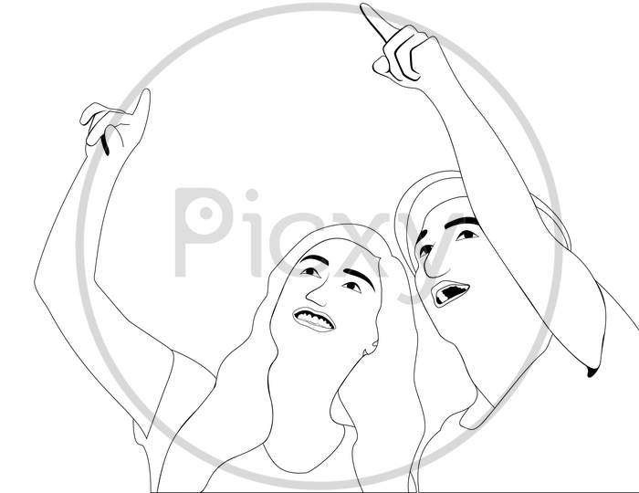 Vector Character Illustration Of Beautiful Couple Pointing At Something, Happy Couple Coloring Pages Vector Illustration.