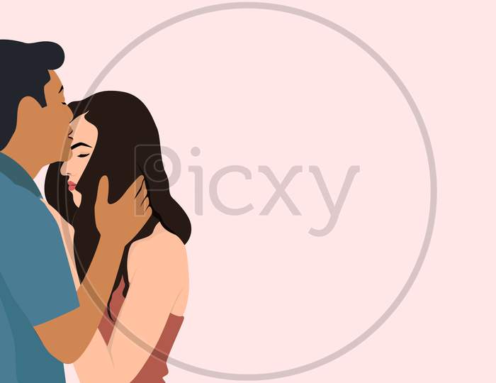 A Men Kissing On Girls Forehead, Beautiful Romantic Couple Character Vector Illustration On Light Pink Background.