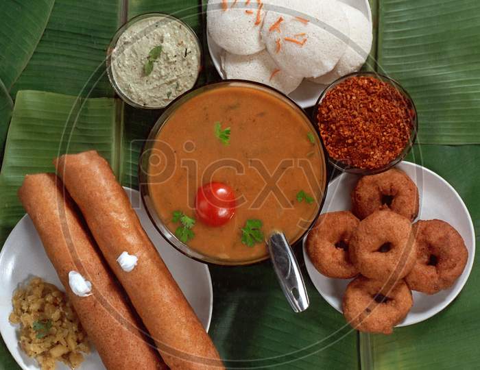 Idli, Dosa, Wada Along With Sambar, Chutney & Karam Podi, A Staple South Indian Breakfast