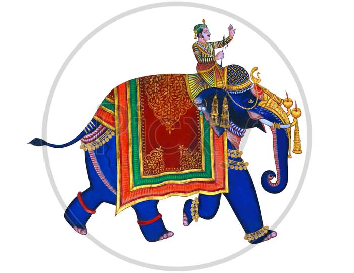 Traditional Elephant Indian Style, Colorful Decorative Elephant With Jockey. Isolated On White Background