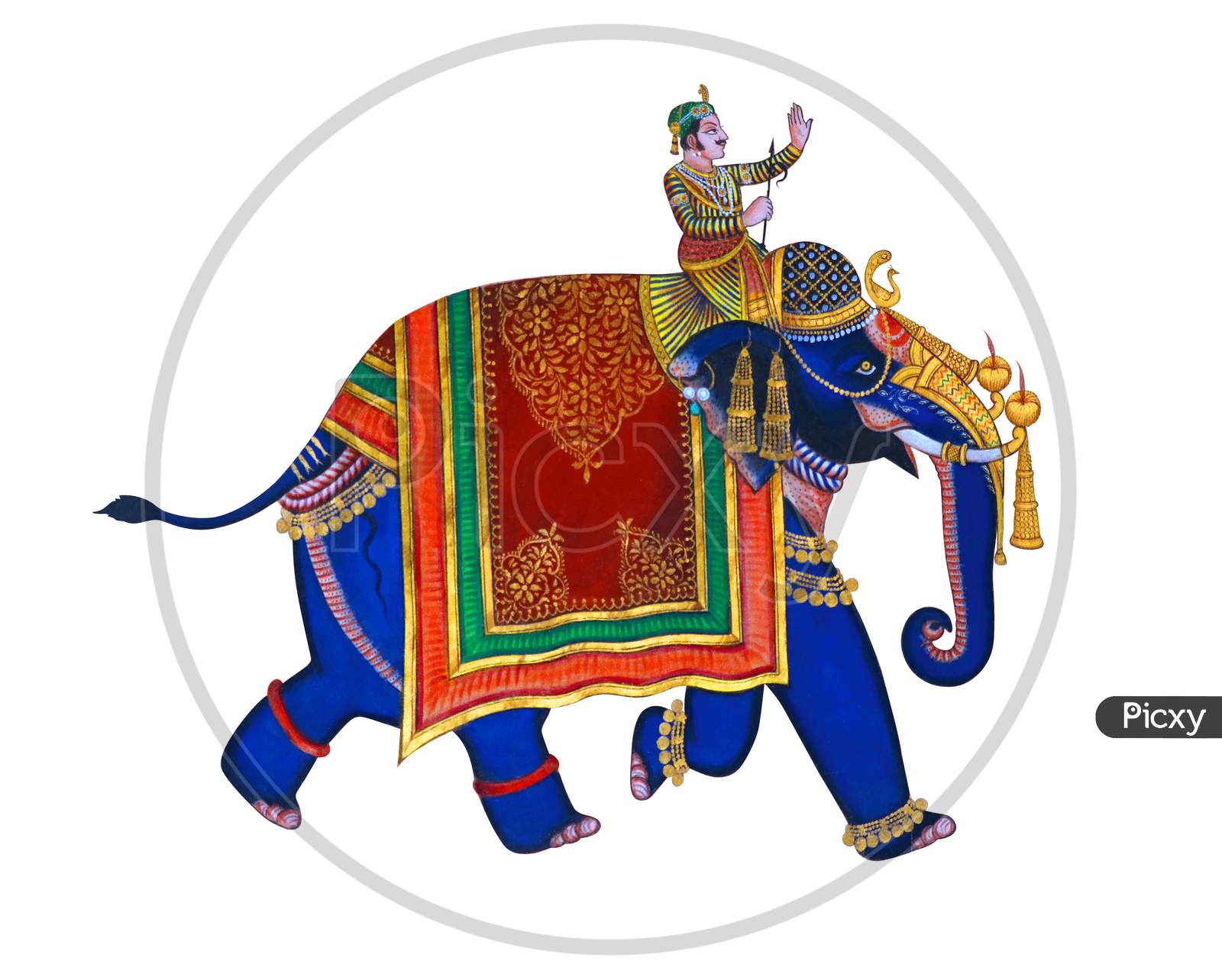 Traditional Elephant Indian Style, Colorful Decorative Elephant With Jockey. Isolated On White Background