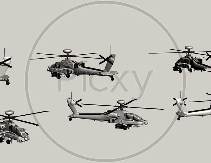 3D Model Of Fighter Helicopter From Different Angles, 3D Render Helicopter, Matte Painting For Chopper For Vfx And Video Projects