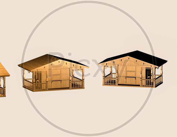 3D Model Bamboo Hut Wood Hut Canteen, 3D Wood Hut House, Matte Painting Of Wood Home For Vfx, Movie And Video Game Projects