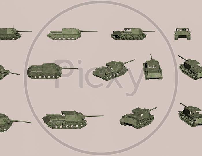 3D Model Set Of Fighter Tank From Different Angles For Animaiton Movie, Vfx And Video Game Projects, Matte Pating Of Tank
