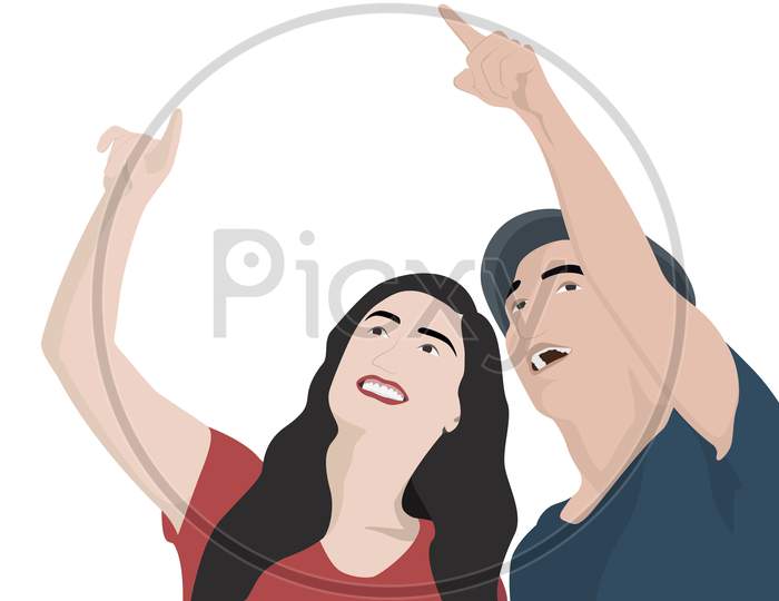 Vector Character Illustration Of Beautiful Couple Pointing At Something, Happy Couple Vector Illustration.
