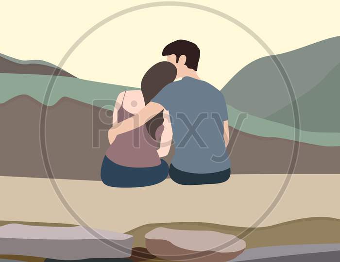 Character Illustration Of A Couple In Sitting Pose From Backside With Beautiful Mountain And Stone Background, Happy Couple Vector Illustration.