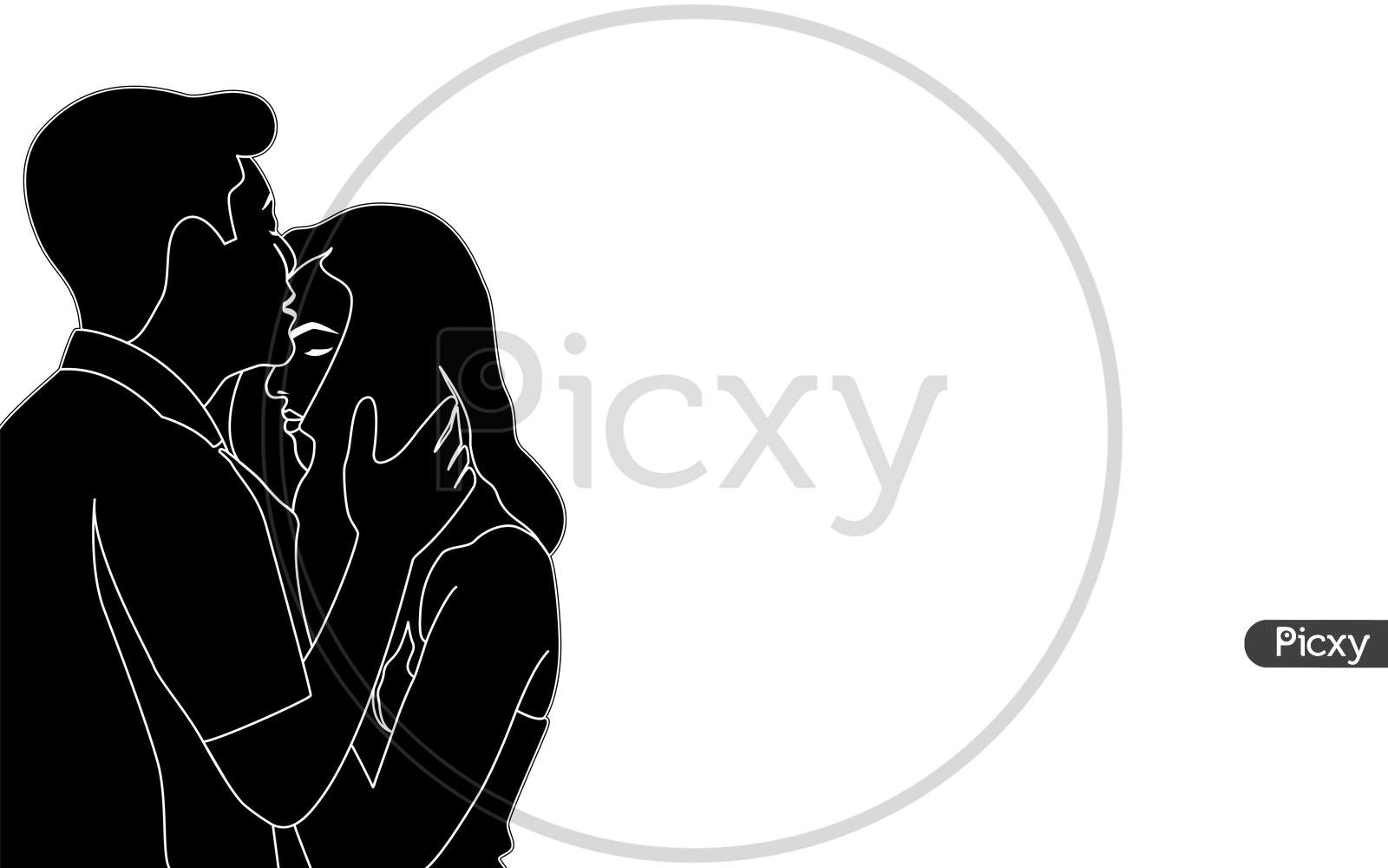 Boy Kissing On Girls Forehead, Beautiful Teen Couple Character Silhouette Vector Illustration.