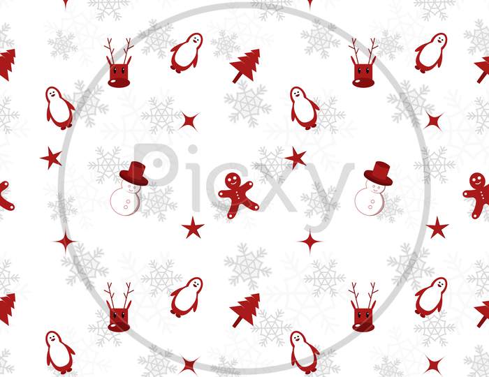 Christmas Object Silhouette Repeat Pattern In Red Color On Flat White Color Background. Christmas Object Seamless Pattern.