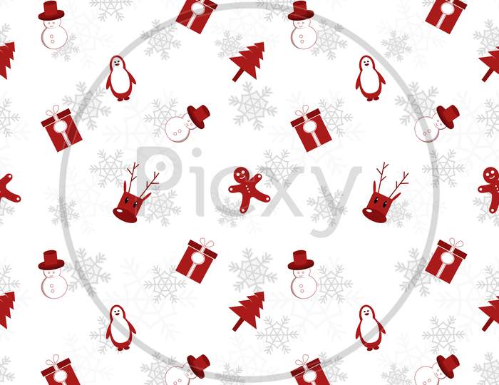 Christmas Object Silhouette Repeat Pattern In Red Color On Flat White Color Background. Christmas Object Seamless Pattern.
