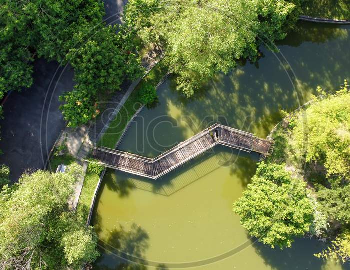 Aerial View Wooden Bridge Near Green Park
