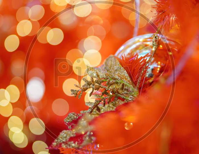 Christmas Fake Poinsettia Flower Flower Decoration With Blur Bokeh Background