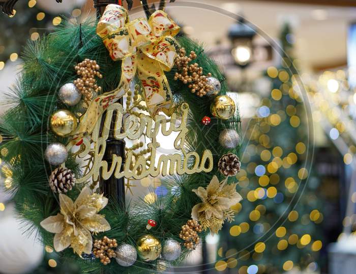 Merry Christmas Wreath Decoration With Blur Background