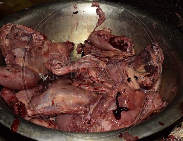 Dressed Chicken Meat Placed In A Steel Bowl In The Local Market, West Bengal, India
