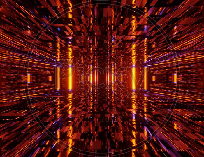 Golden Flickering Blitz Tunnel Component 4K Uhd 3D Illustration Background