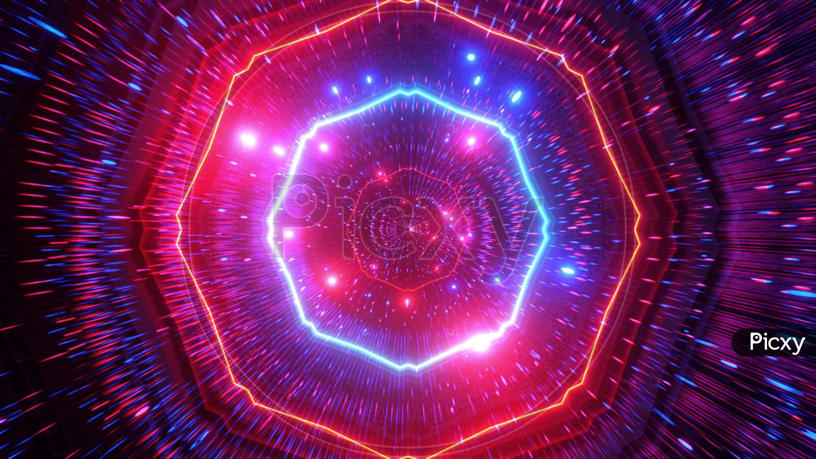 Glowing Neon Lights Particles Space Tunnel 3D Illustration Wallpaper Background Artwork