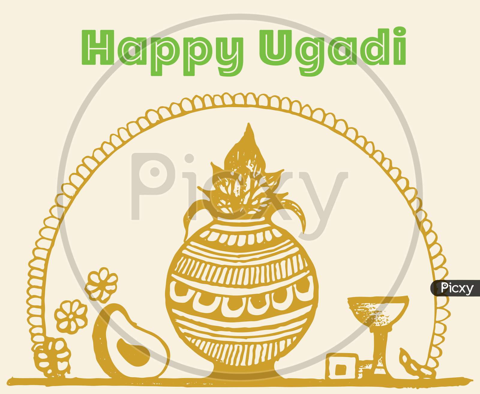 Drawing Or Ketch Of Happy Ugadi. Hindu Indian Festival Ugadi Or Gudi Padwa Wishes Editable Outline Illustration