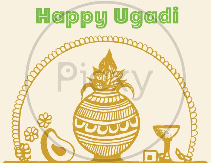 Drawing Or Ketch Of Happy Ugadi. Hindu Indian Festival Ugadi Or Gudi Padwa Wishes Editable Outline Illustration