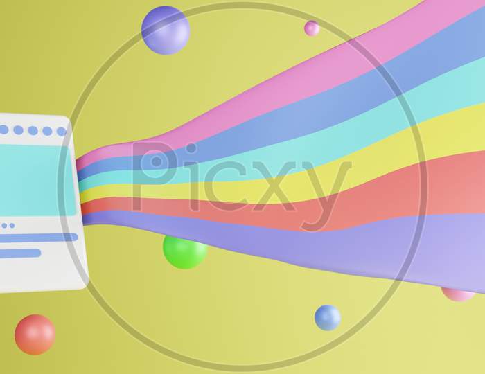 Handphone 3d illustration rendering modern and trendy with colorful balloons and flag in yellow background