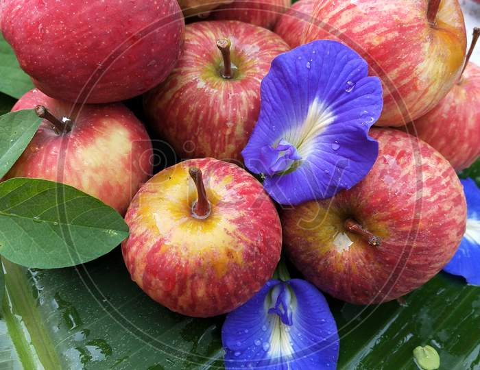 Red apples decorated with blue flowers