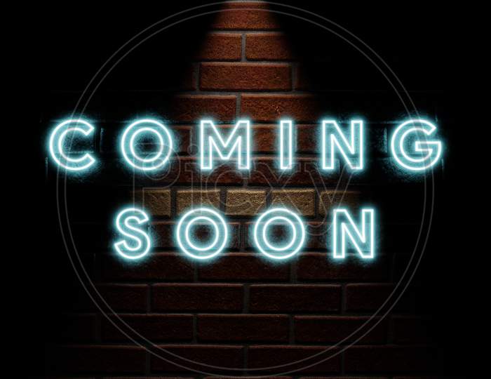 text coming soon with effect light blue color in wall brick background simple and elegant . 3d illustration rendering