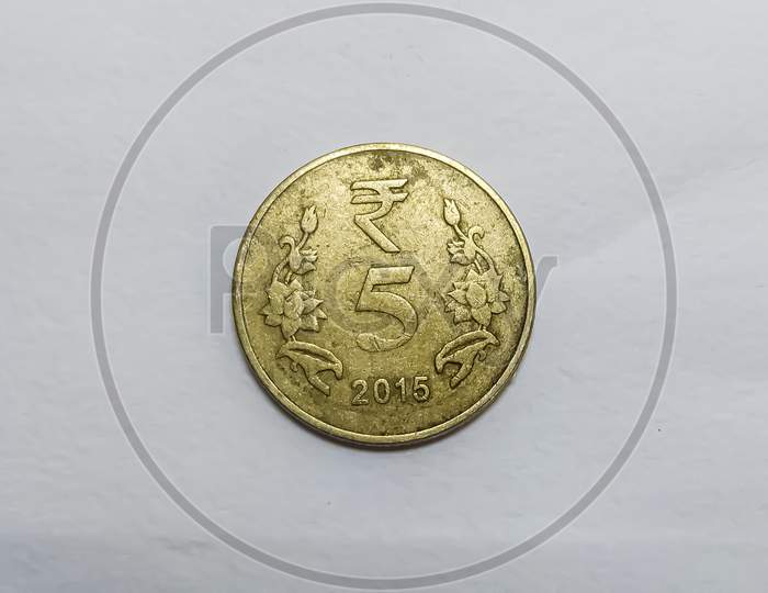 Indian 5 Rupee coin with white background