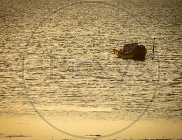 View Of The Fisherman Boat In Odiyur Lake Along The East Coast Road, Tamil Nadu, India. Selective Focus On Boat