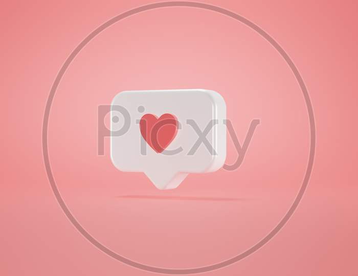 3d illustration rendering social media notification love heart icon in white rounded square pin isolated on pink wall background with shadow simple and elegant . 3d illustration rendering modern and trend