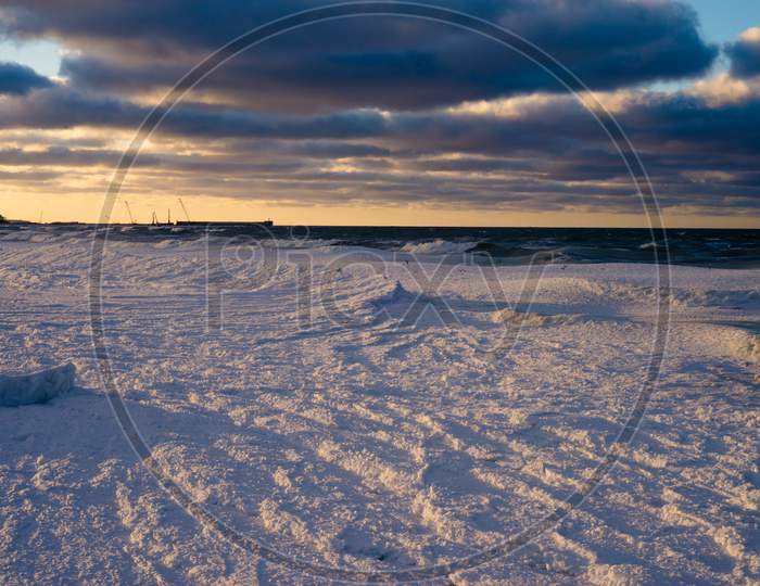 Frozen Baltic sea in the winter in storm