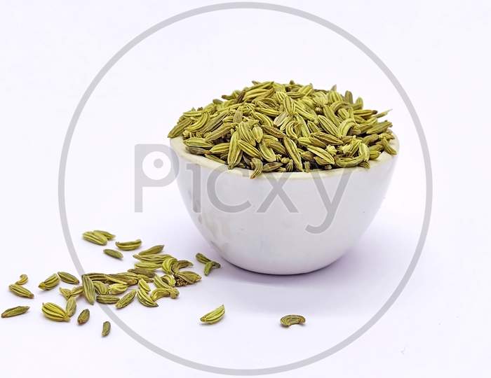 Dried Herb, Fennel Seeds Pouring From A Bowl