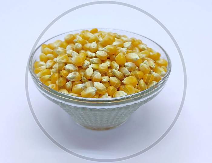 Corn Kernels, Falling Corns Seeds, Yellow Dry Corn Grains Isolated On White Background