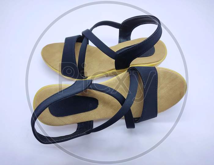 Women'S Sandals Shoes, Ladies Sandal, Female Leather Slippers, New Pair Of Stylish Brown High Heels With Cork Soles, Beautiful Shoes For Ladies On White Background