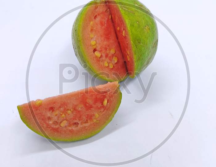 Fresh Organic Guava (Jamfal) Fruit Isolated On White Background. Clipping Path.