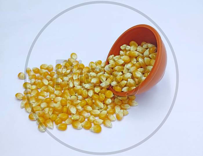 Corn Kernels, Corns Seeds, Yellow Dry Corn Grains Isolated On White Background Pouring From A Bowl