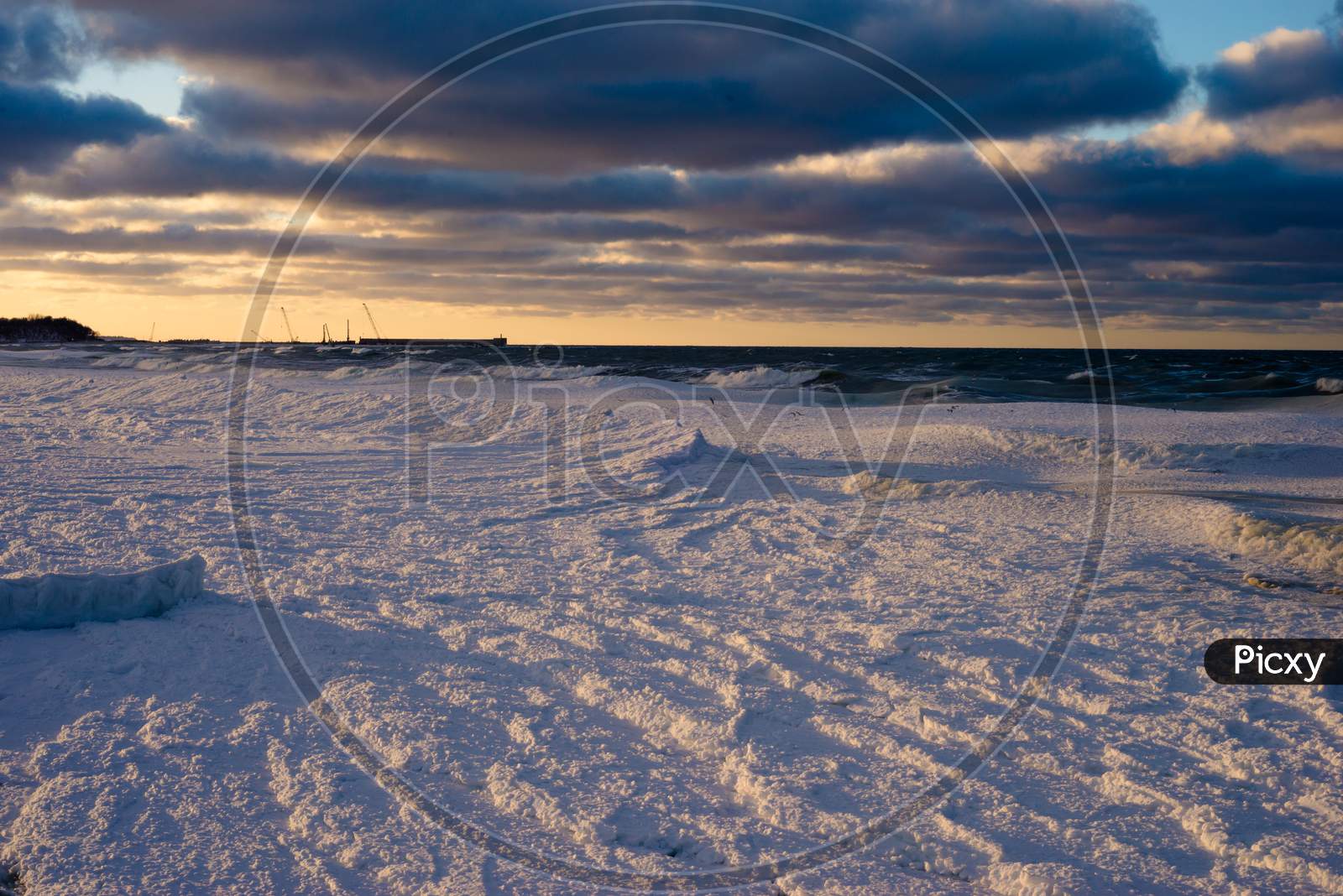 Frozen Baltic sea in the winter in storm