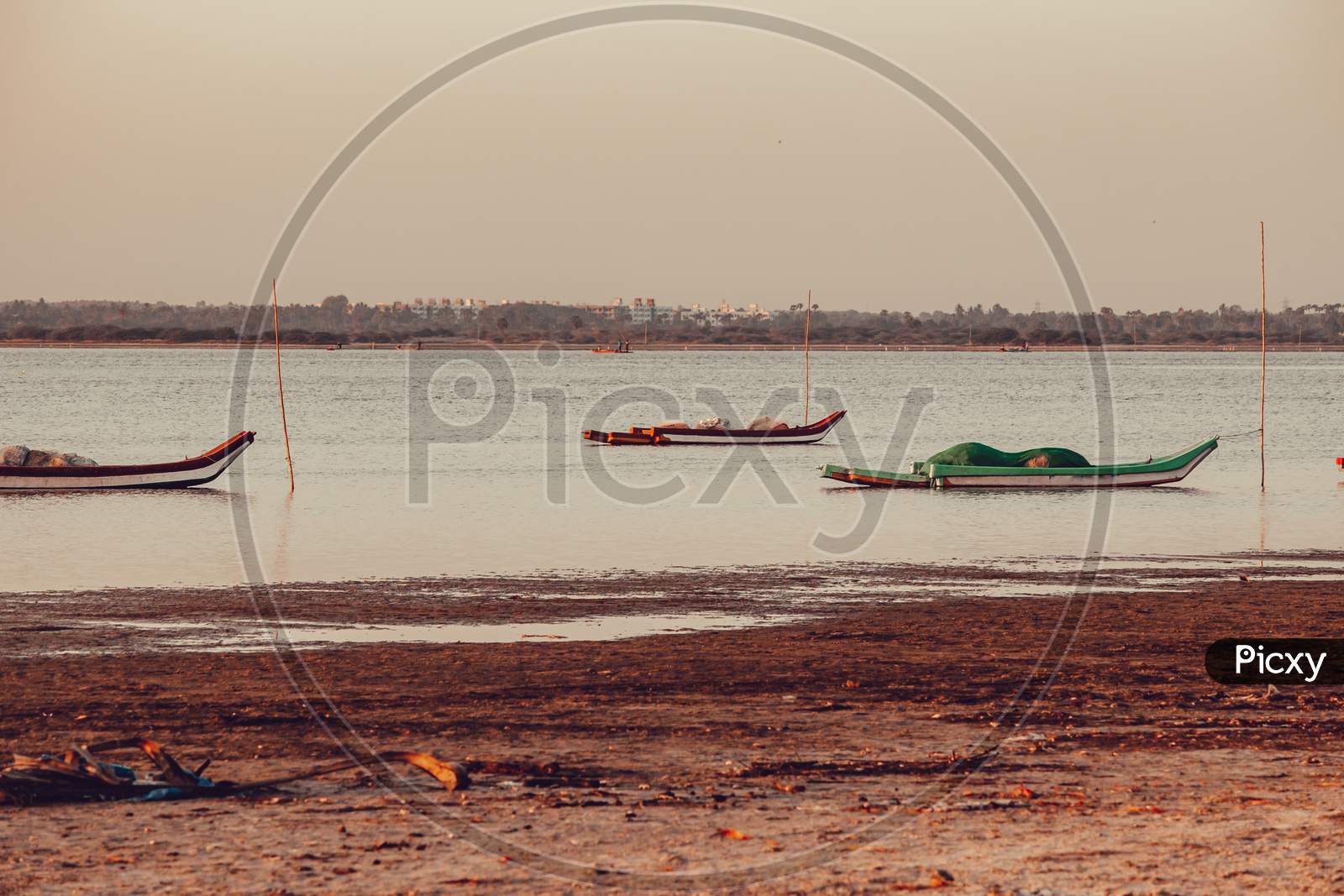 View Of The Fisherman Boats In A Lake Along The East Coast Road, Tamil Nadu, India. Selective Focus On Boat