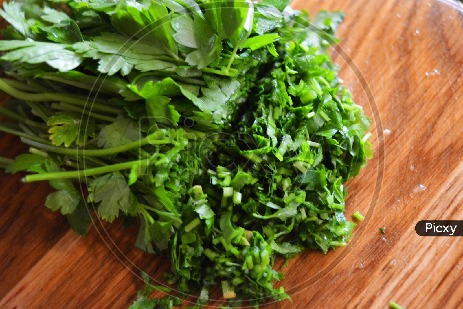 A bunch of green washed fresh parsley and chopped parsley for salad laid out on a wooden kitchen board.